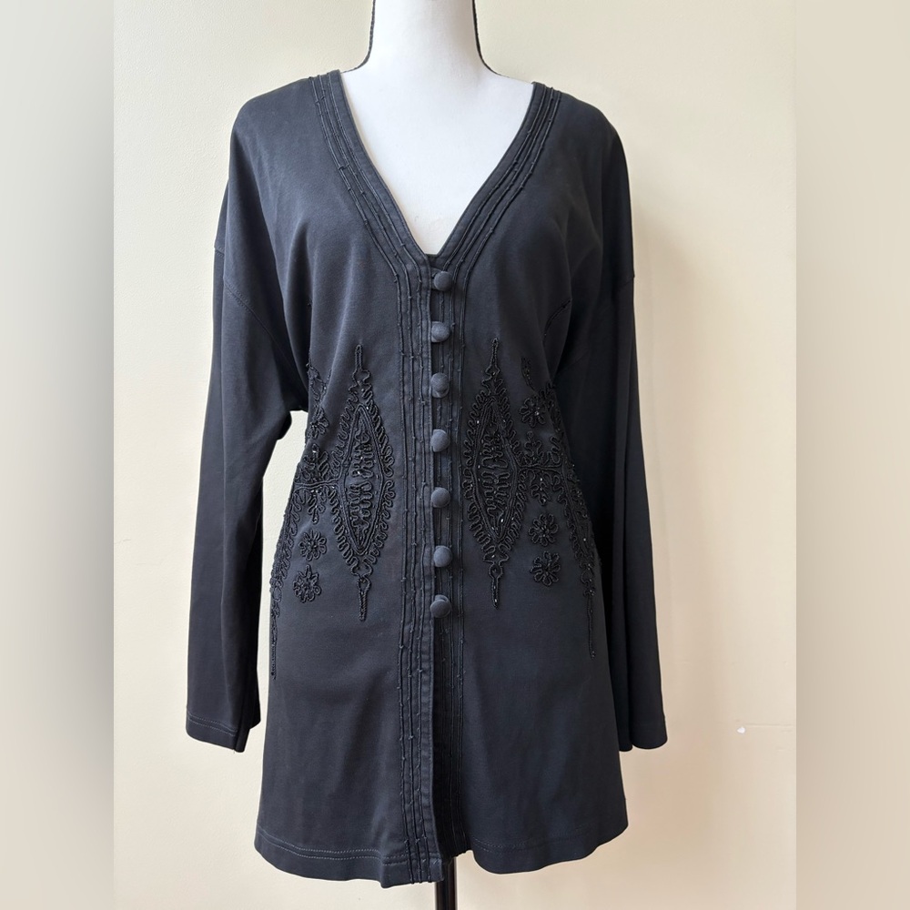 Black Embroidered & Beaded Button Down Top - Size L
